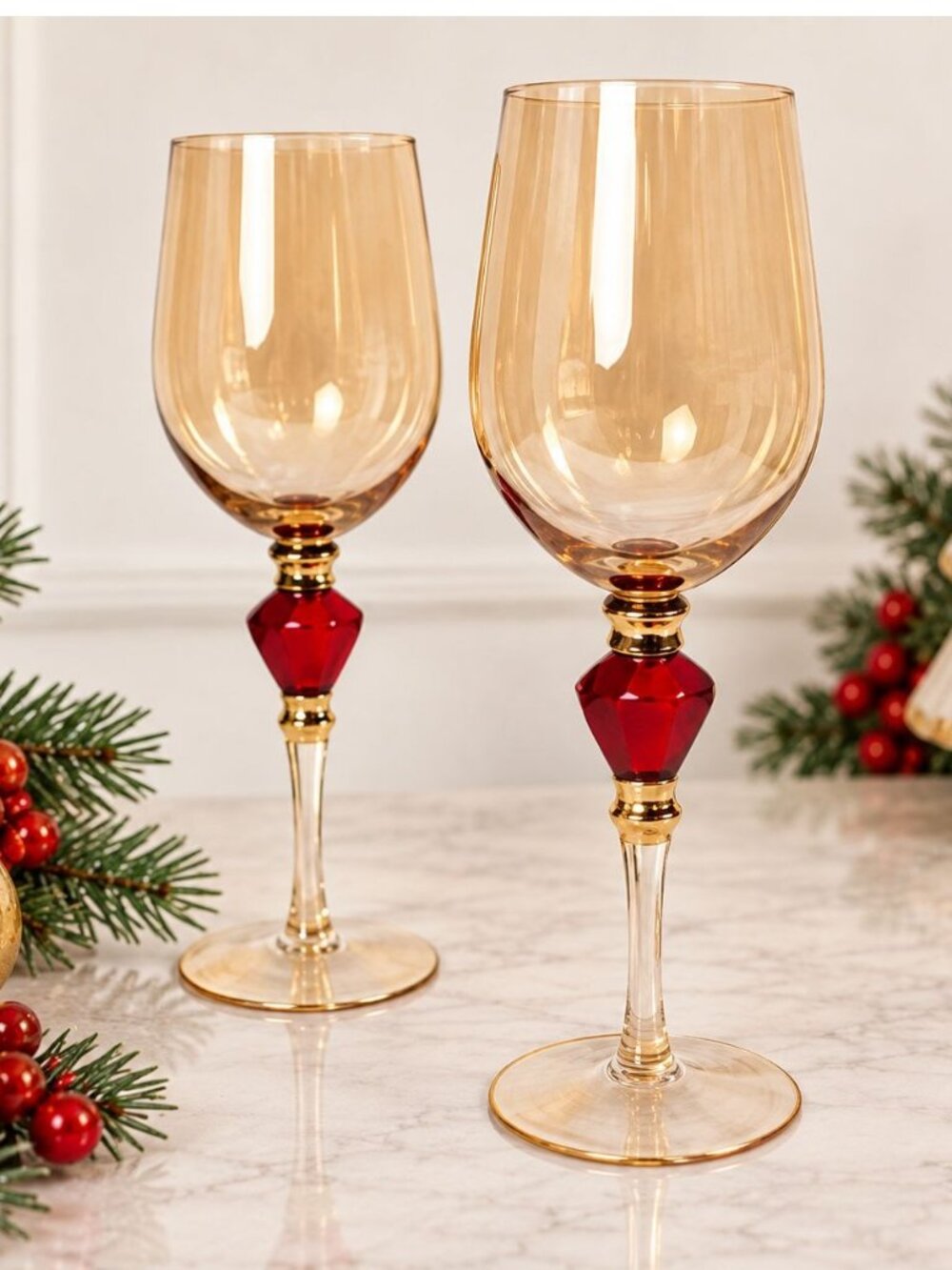 Pier 1 Amber Wine Glasses Set of 2 VTG Elegant Holiday Goblets Bar Cart Decor